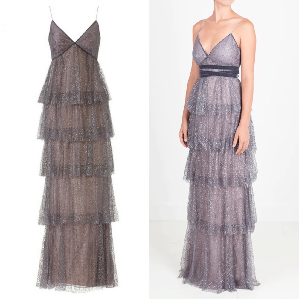 Marchesa Notte Glitter Tulle Tiered Gown Maxi Dress in Size 12